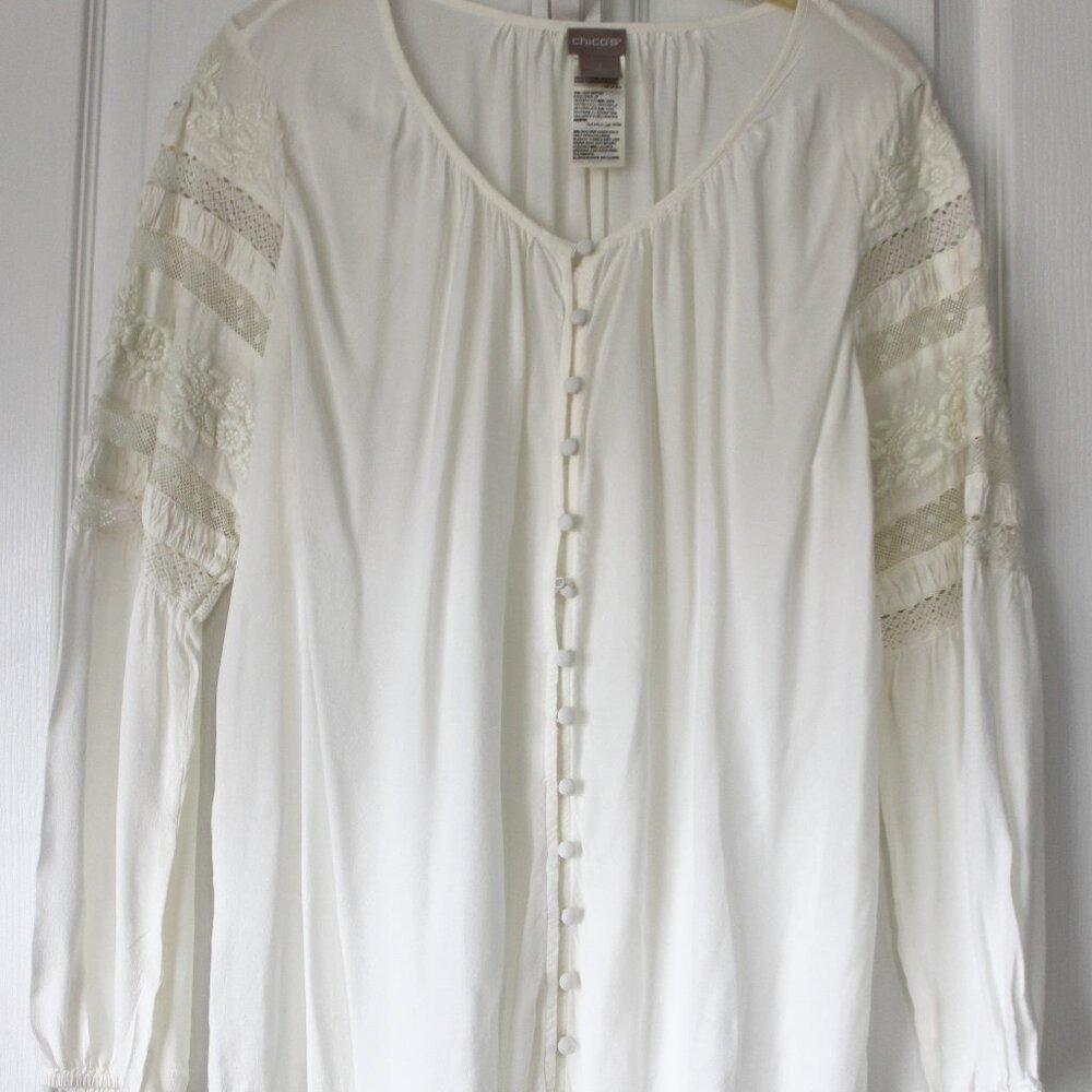 Chico's Size 2 Cream Lace Sleeve Blouse - Boho Coastal Grandmother Style
